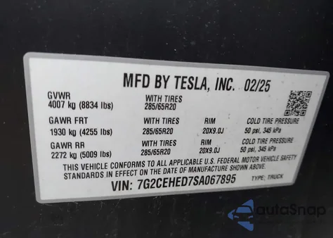 2025 Tesla Cybertruck All-Wheel Drive from USA, damaged, VIN 7G2CEHED7SA067895